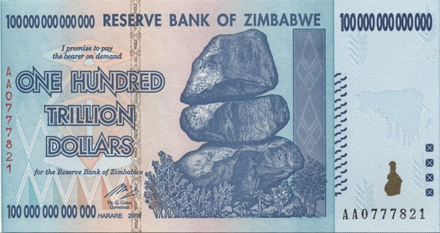 zimababwe 100 trillion dollar note 100 x 13 denomination bill hyperinflation